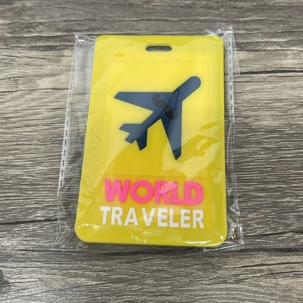 World Traveler Luggage Tag Yellow Silicone Airplane Mustache ID Label Travel Bag